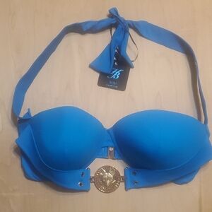 Honey Birdette Brooklyn  Blue Halter Bikini Top with Gold Medallion
